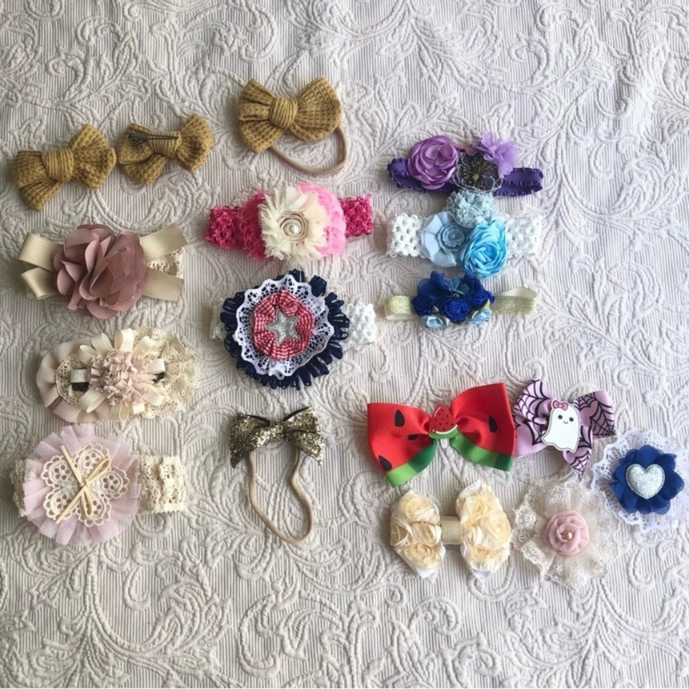 Infant Baby Girl Handmade Multicolored Mixture 17 Piece Bow & Headband Lot